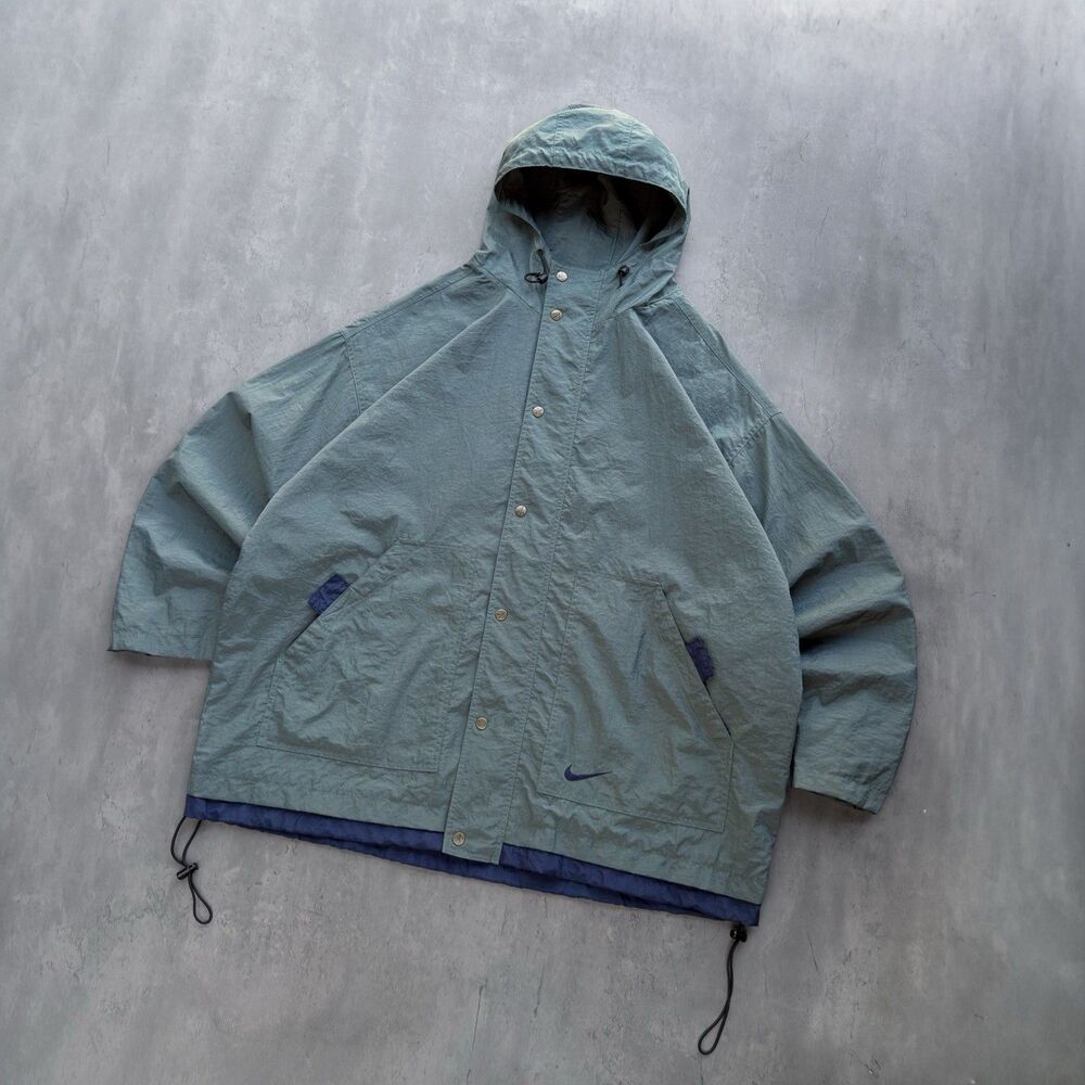 Vintage 90s Nike XL Teal Green Nylon Hooded Parka Windbreaker Jacket Swoosh